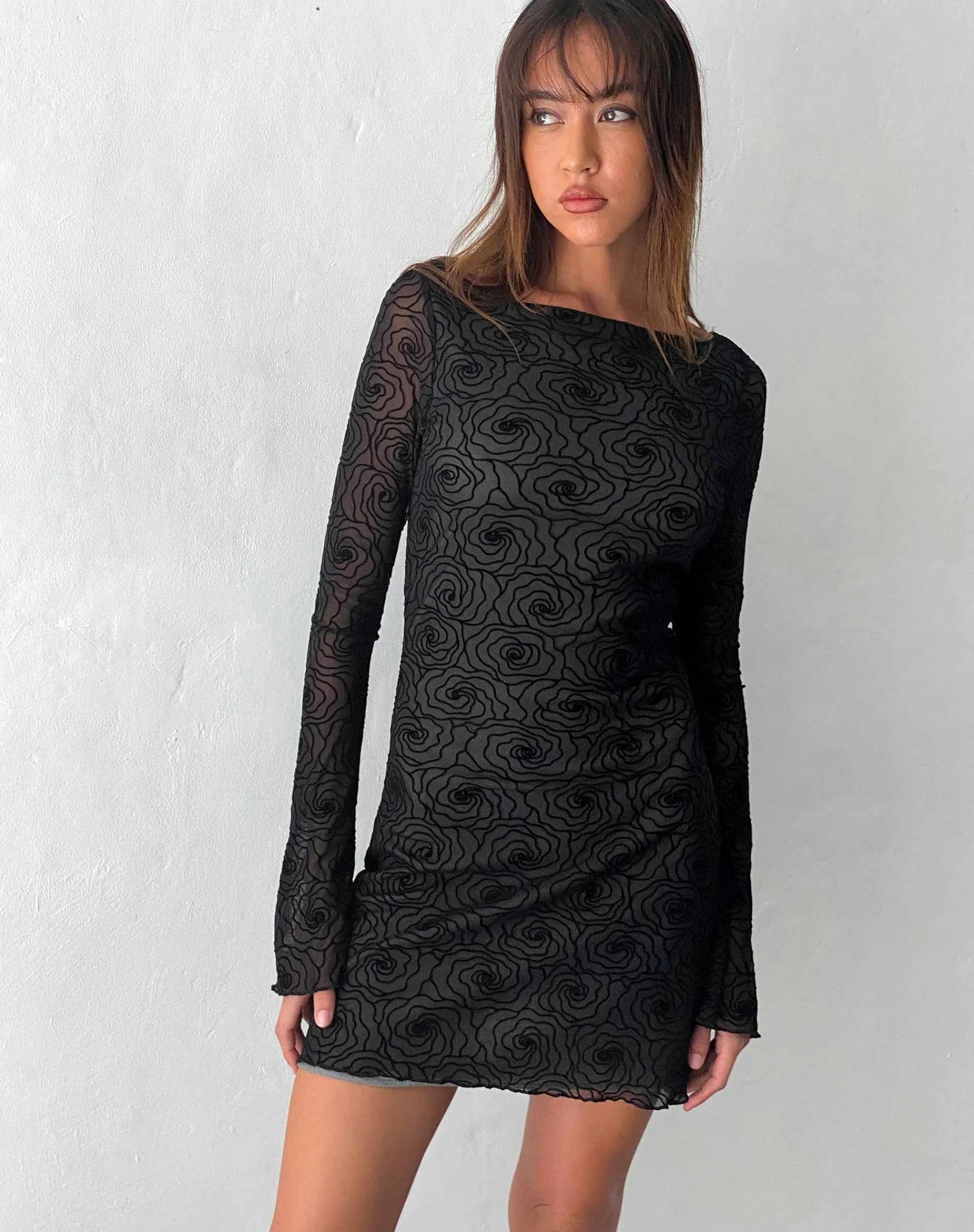 Motel Rocks Printed Dresses | Bodycon Dresses-Sevila Long Sleeve Mini Dress in Mesh Black Abstract Flower Flock meshblackabstractflowerflock