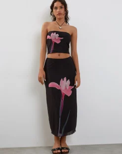 Motel Rocks Bandeau Tops-Shae Bandeau Top in Black with Pink Flower Placement BlackwithPinkFlowerPlacement