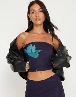 Motel Rocks Printed Tops-Shae Mesh Bandeau Top in Navy Flower NavyPlacementFlower