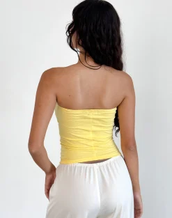 Motel Rocks Printed Tops | Bandeau Tops-Shaelo Bandeau Top in Lemonade Orange Hisbiscus lemoandeorangehibiscus