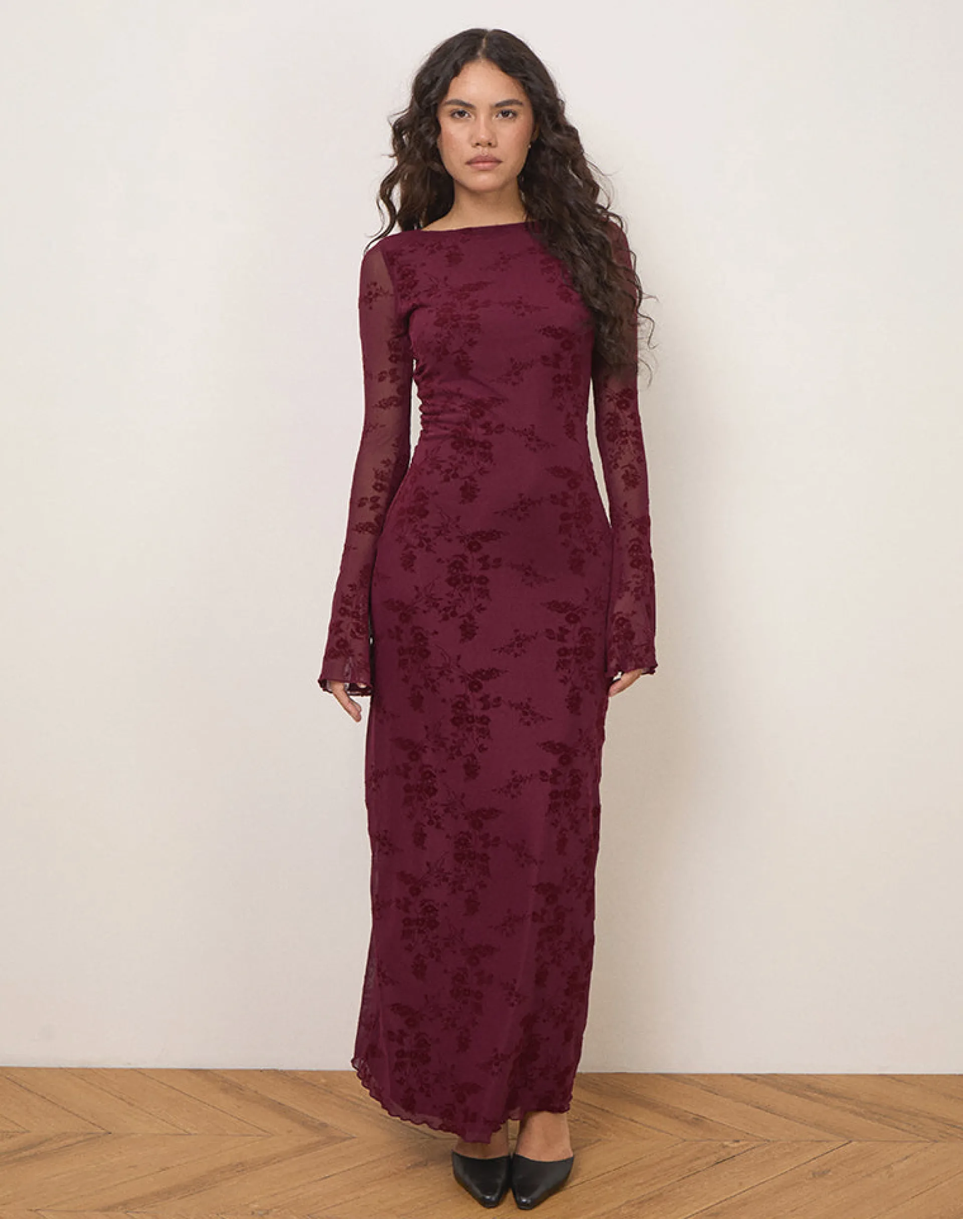 Motel Rocks Bodycon Dresses | Long Sleeve Dresses-Shaleed Dress in Botanical Flower Maroon