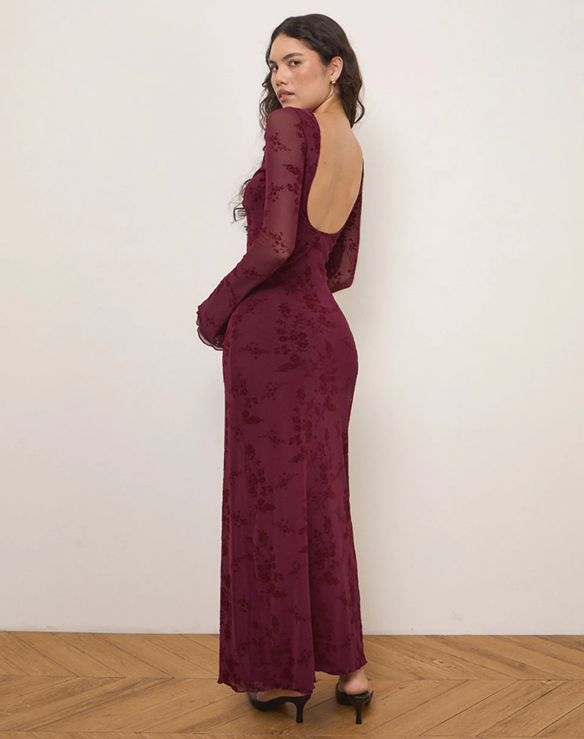 Motel Rocks Bodycon Dresses | Long Sleeve Dresses-Shaleed Dress in Botanical Flower Maroon