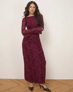 Motel Rocks Bodycon Dresses | Long Sleeve Dresses-Shaleed Dress in Botanical Flower Maroon