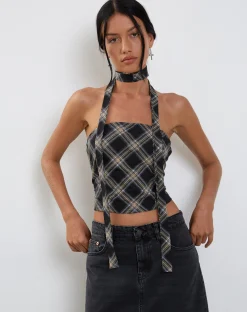 Motel Rocks Bandeau Tops-Shaloe Bandeau Top and Scarf Set in Black and Grey Check blackandgreycheck