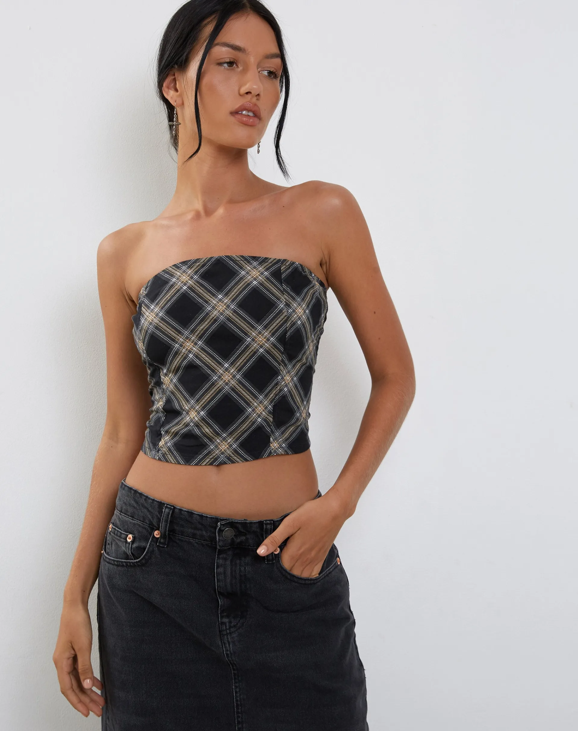 Motel Rocks Bandeau Tops-Shaloe Bandeau Top and Scarf Set in Black and Grey Check blackandgreycheck