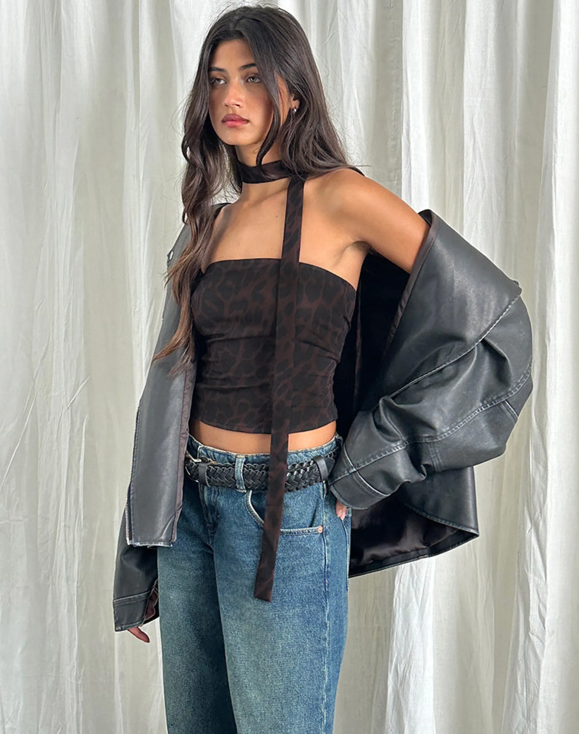 Motel Rocks Printed Tops | Bandeau Tops-Shaloe Bandeau Top and Scarf in Brown Oversized Jaguar BrownOversizedJaguar