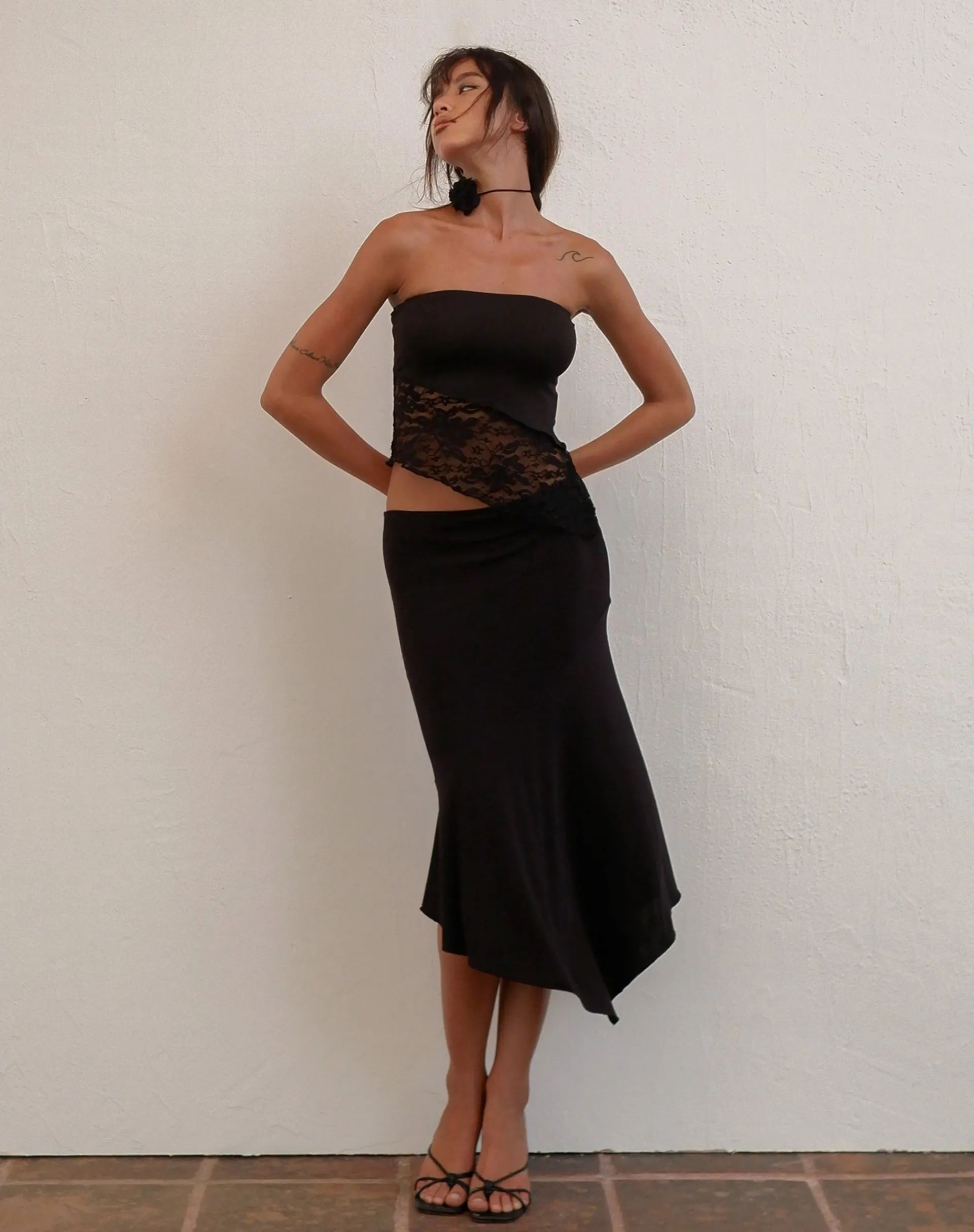Motel Rocks Bandeau Tops | Lace Tops-Shanda Bandeau Top in Lace Black LaceBlack