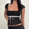 Motel Rocks Lace Tops | Going Out Tops-Sherine Lace Top in Black with Pink Ribbon BlackwithPinkRibbon
