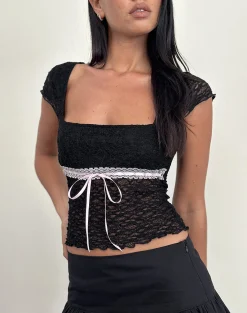 Motel Rocks Lace Tops | Going Out Tops-Sherine Lace Top in Black with Pink Ribbon BlackwithPinkRibbon