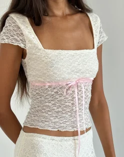 Motel Rocks Tees | Lace Tops-Sherine Lace Top in Cream with Pink Binding CreamwithPinkBinding
