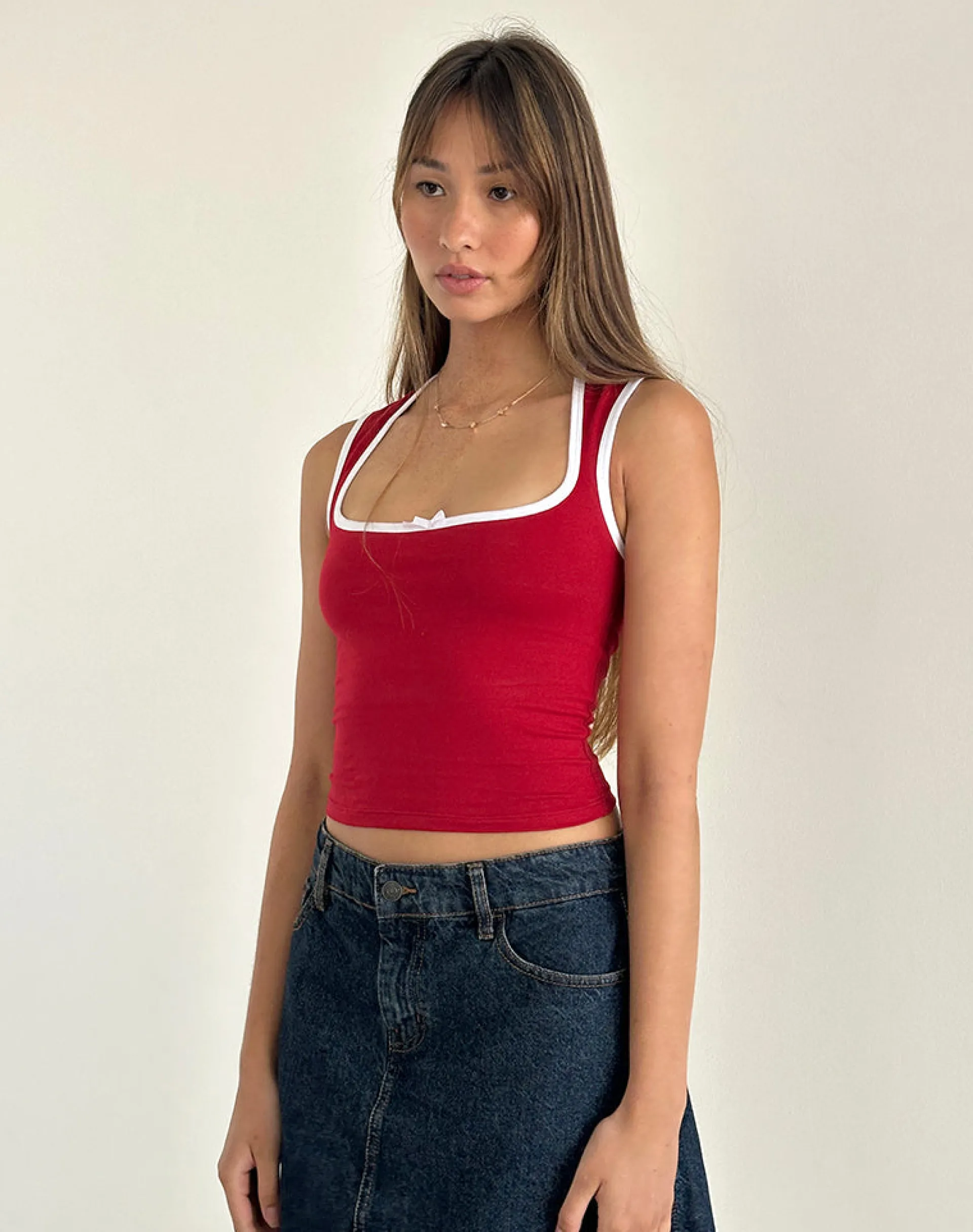 Motel Rocks Basic Tops | Vest Tops-Shinju Top in Adrenaline Red with White Binding AdrenalineRedwithWhiteBinding