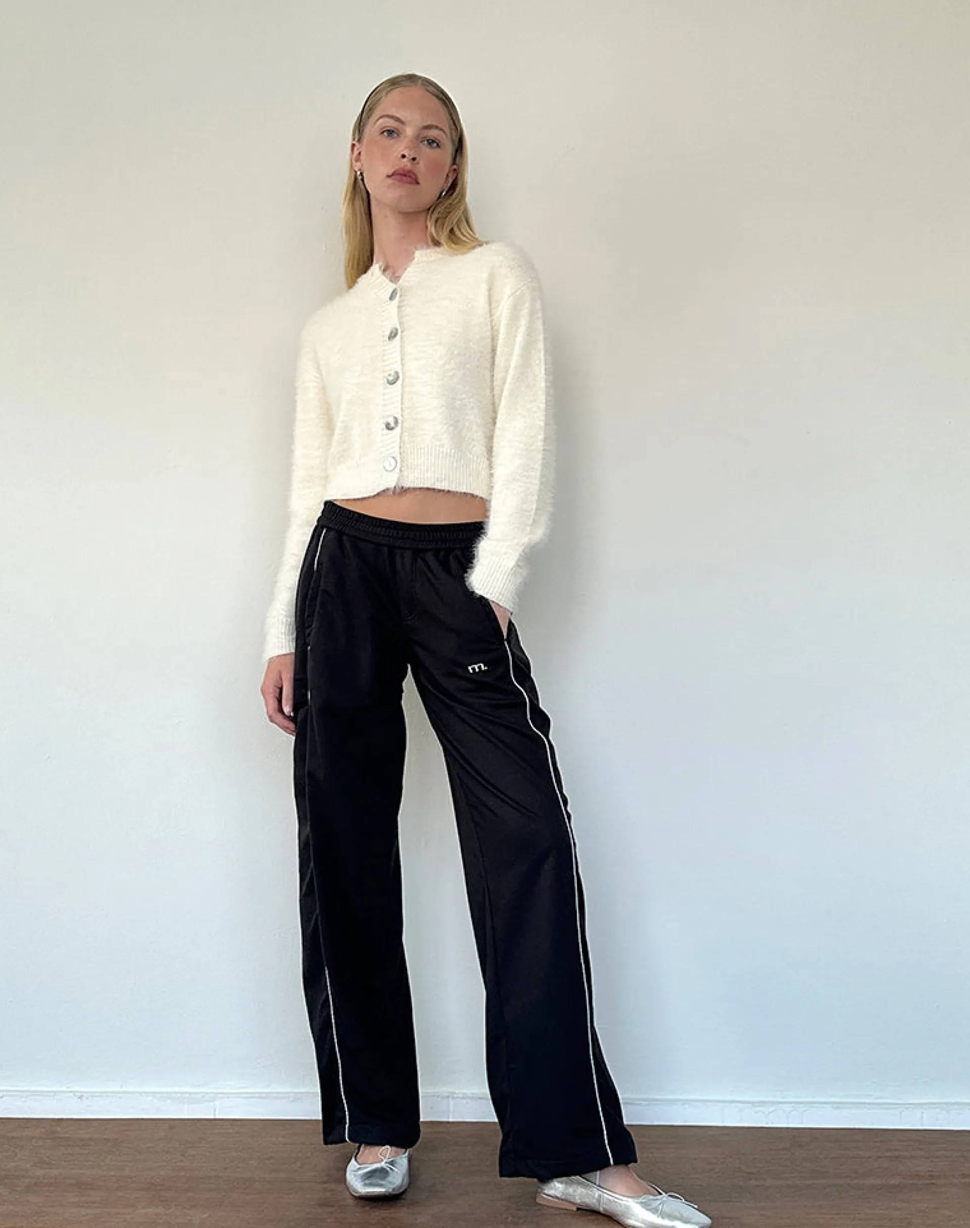 Motel Rocks Basics-Shobi Wide Leg Jogger in Black with Grey Piping BlackwithGreyPiping