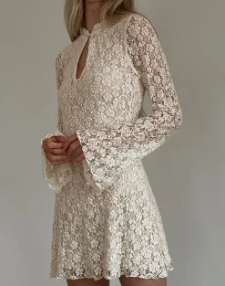 Motel Rocks Long Sleeve Dresses | Party Dresses-Silvanna Long Sleeve Keyhole Mini Dress in Lace Ivory LaceIvory