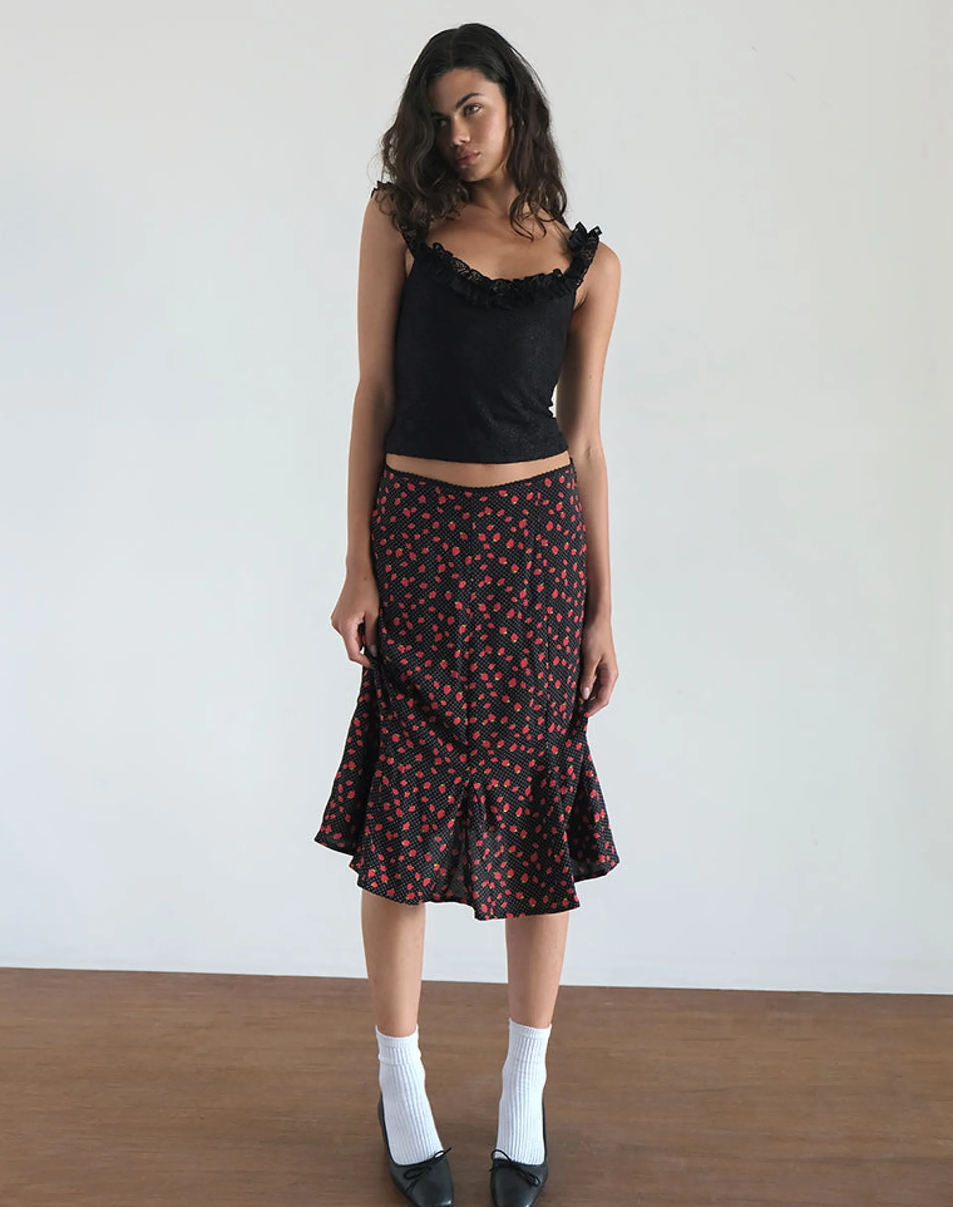 Motel Rocks Co-Ords | Printed Skirts-Sima Midi Skirt in Strawberry Polka Black StrawberryPolkaBlack