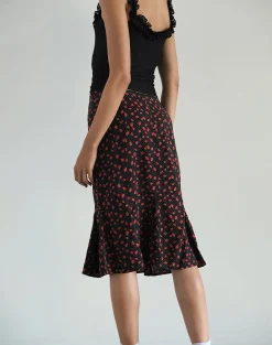 Motel Rocks Co-Ords | Printed Skirts-Sima Midi Skirt in Strawberry Polka Black StrawberryPolkaBlack