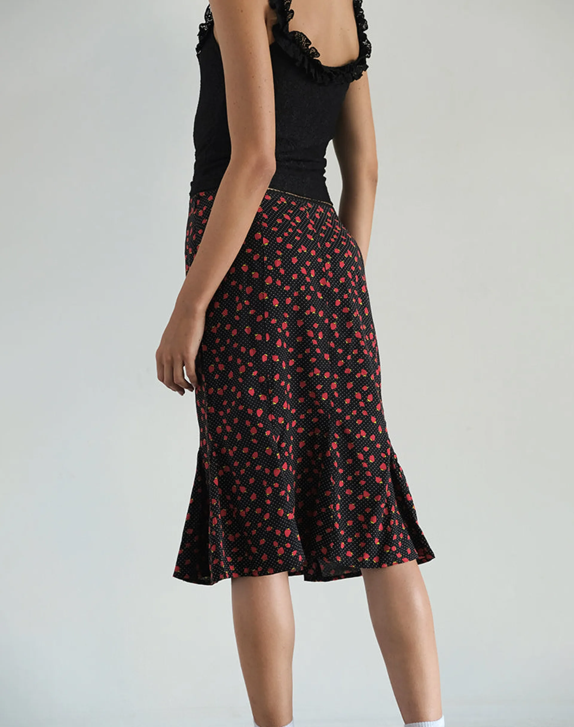 Motel Rocks Co-Ords | Printed Skirts-Sima Midi Skirt in Strawberry Polka Black StrawberryPolkaBlack