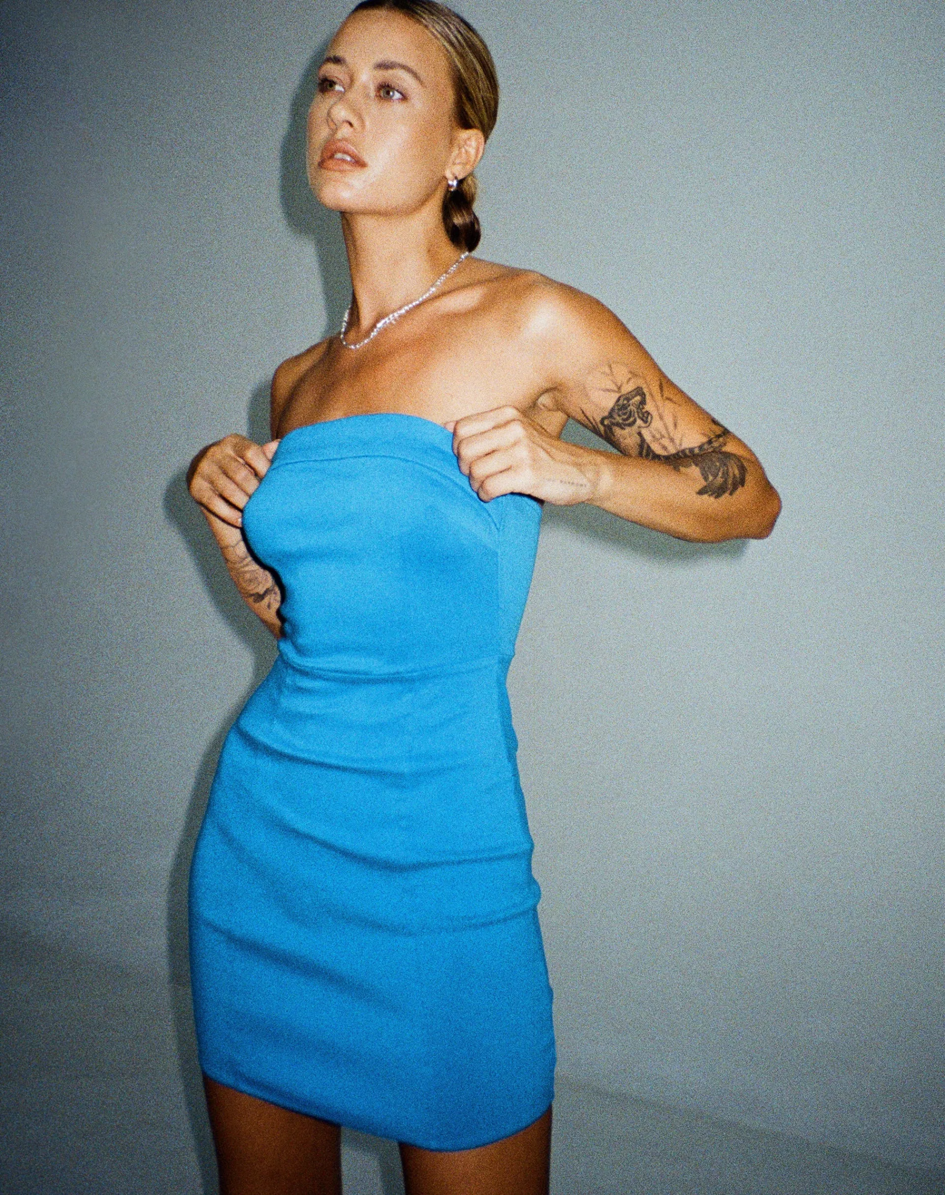 Motel Rocks Bodycon Dresses-Siria Bandeau Mini Dress in Tailoring Blue