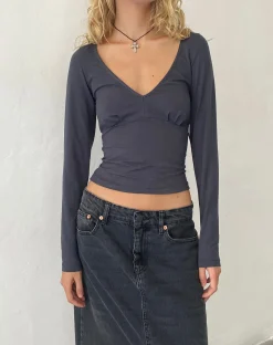 Motel Rocks Basics | Basic Tops-Sisil Long Sleeve Top in Ocean Storm OceanStorm