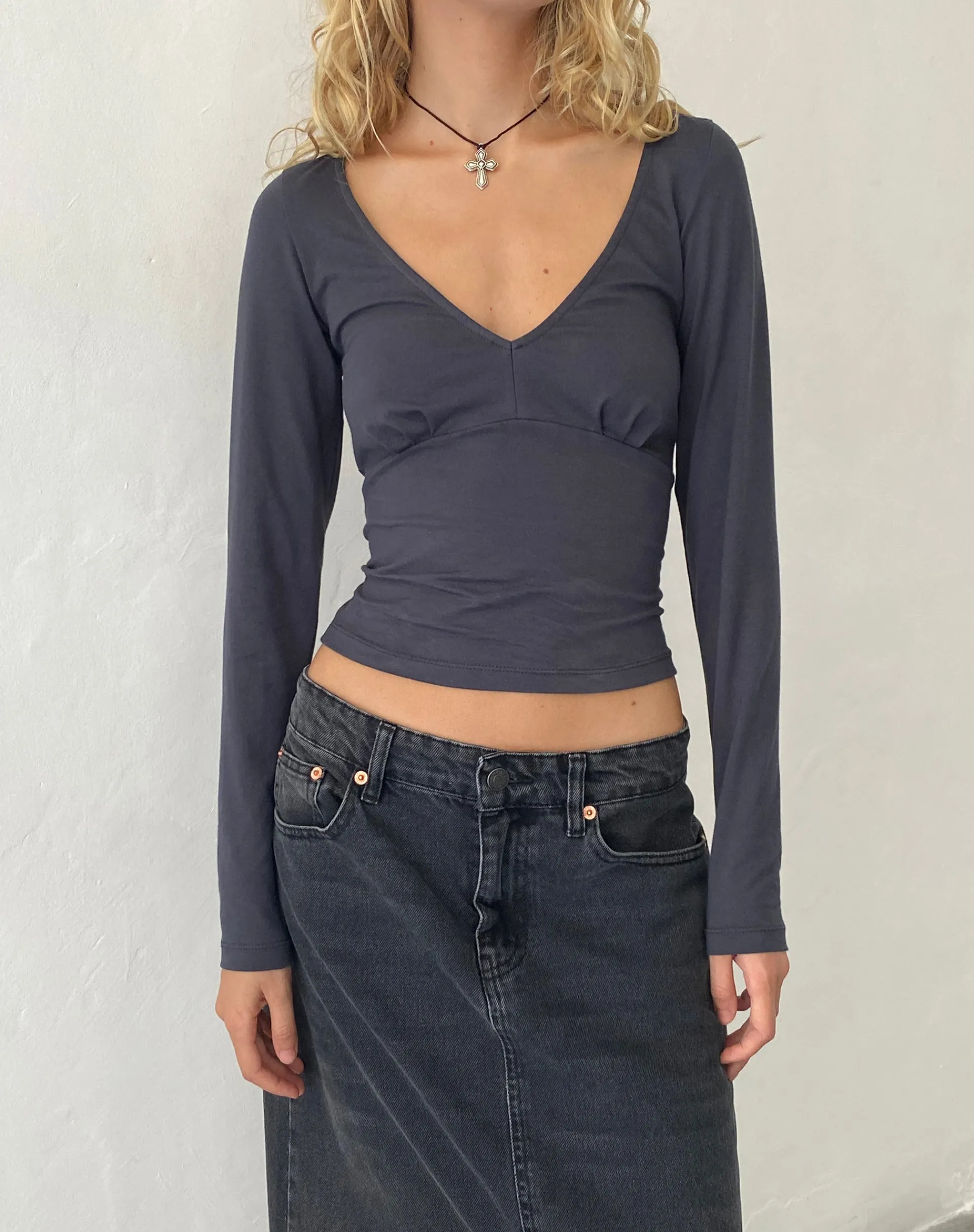 Motel Rocks Basics | Basic Tops-Sisil Long Sleeve Top in Ocean Storm OceanStorm