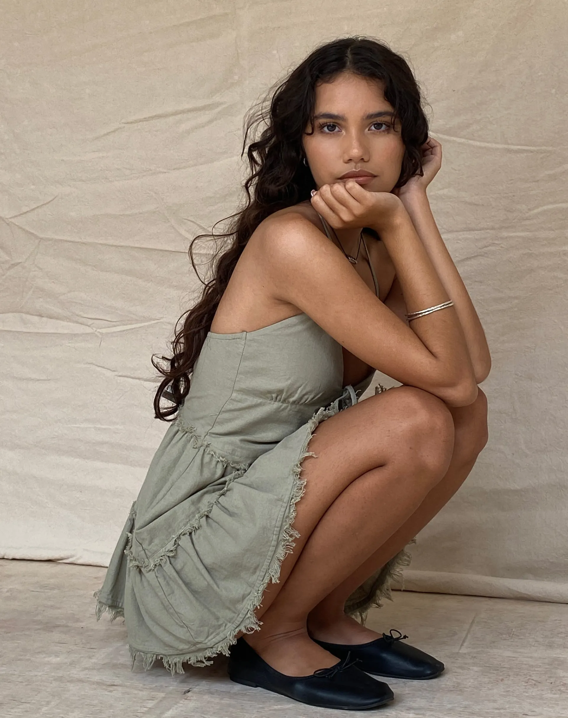 Motel Rocks Day Dresses-Siskae Tiered Halter Mini Dress in Slate Green Linen