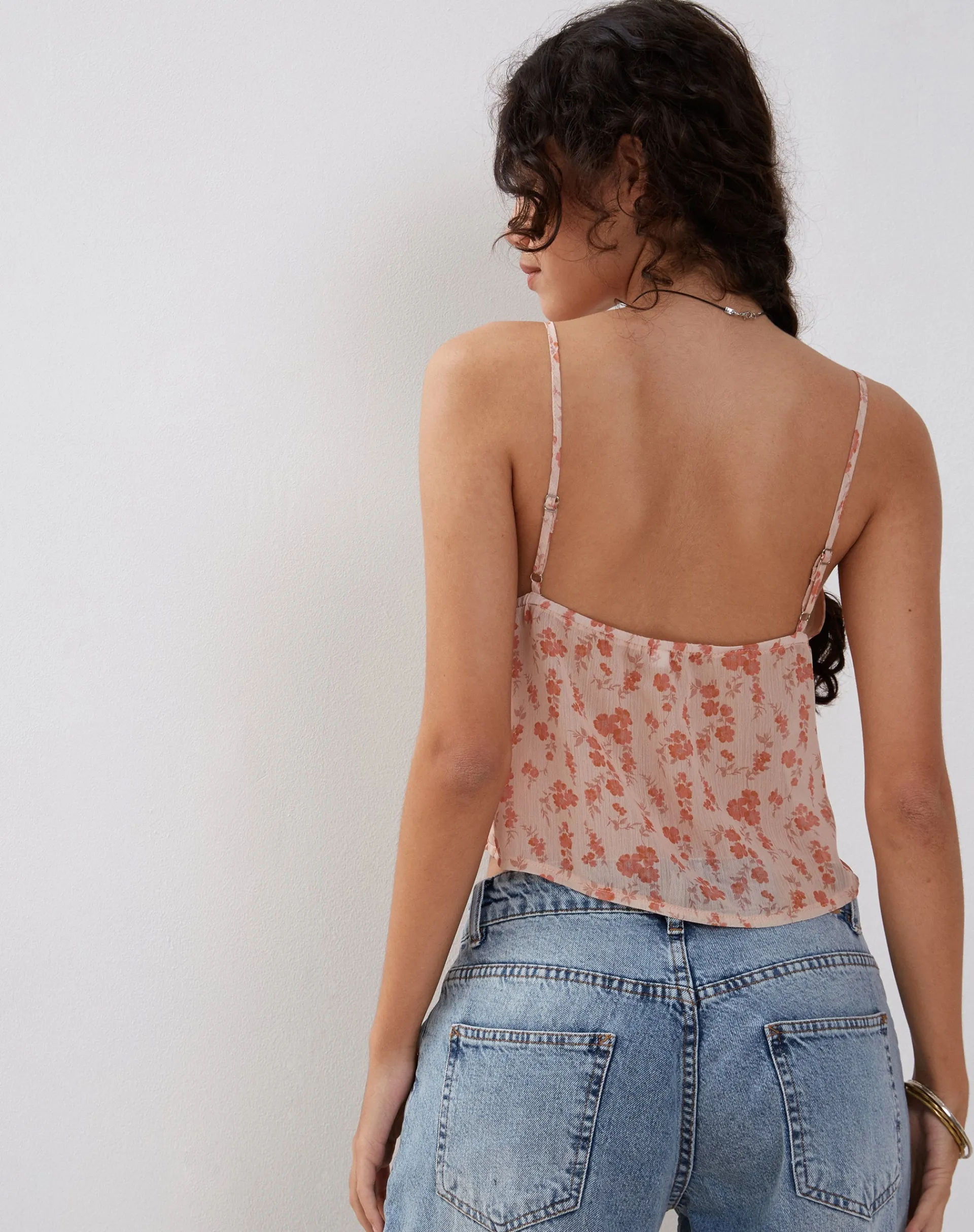 Motel Rocks Strappy Tops-Slavina Cami Butterfly Top in Peach Cherry Blossom