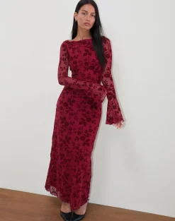 Motel Rocks Printed Dresses | Maxi Dresses-Slokya Long Sleeve Maxi Dress in Vine Floral Flock Cherry VineFloralFlockCherry