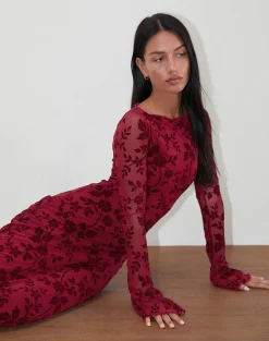 Motel Rocks Printed Dresses | Maxi Dresses-Slokya Long Sleeve Maxi Dress in Vine Floral Flock Cherry VineFloralFlockCherry