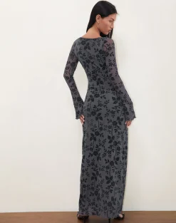Motel Rocks Printed Dresses | Long Sleeve Dresses-Slokya Long Sleeve Maxi Dress in Vine Floral Flock Ocean Storm VineFloralFlockOceanStorm