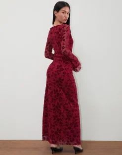 Motel Rocks Printed Dresses | Maxi Dresses-Slokya Long Sleeve Maxi Dress in Vine Floral Flock Cherry VineFloralFlockCherry