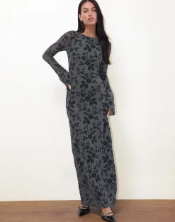 Motel Rocks Printed Dresses | Long Sleeve Dresses-Slokya Long Sleeve Maxi Dress in Vine Floral Flock Ocean Storm VineFloralFlockOceanStorm