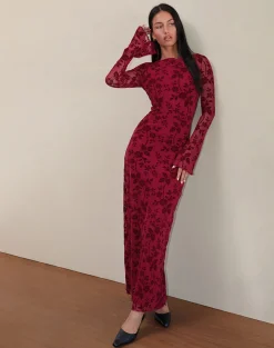 Motel Rocks Printed Dresses | Maxi Dresses-Slokya Long Sleeve Maxi Dress in Vine Floral Flock Cherry VineFloralFlockCherry