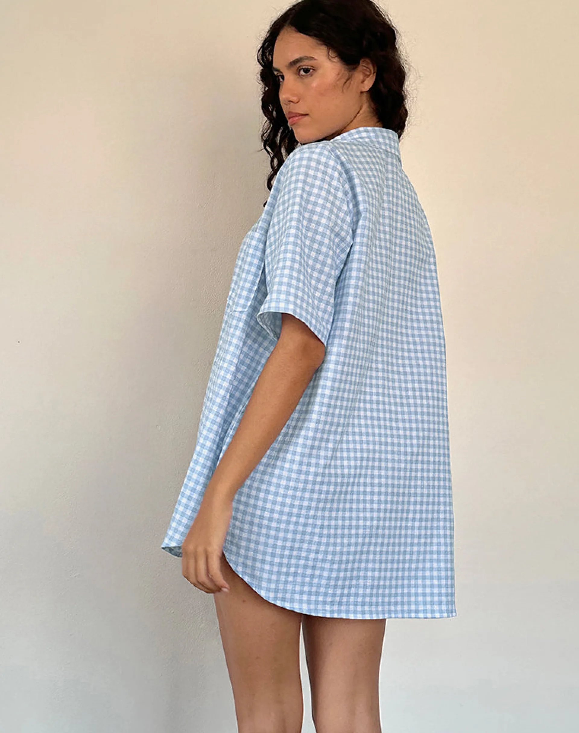 Motel Rocks Swimwear | Shirts And Blouses-Smith Oversized Shirt in Blue Gingham BlueGingham