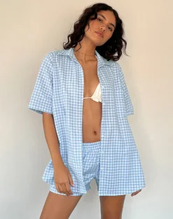 Motel Rocks Swimwear | Shirts And Blouses-Smith Oversized Shirt in Blue Gingham BlueGingham