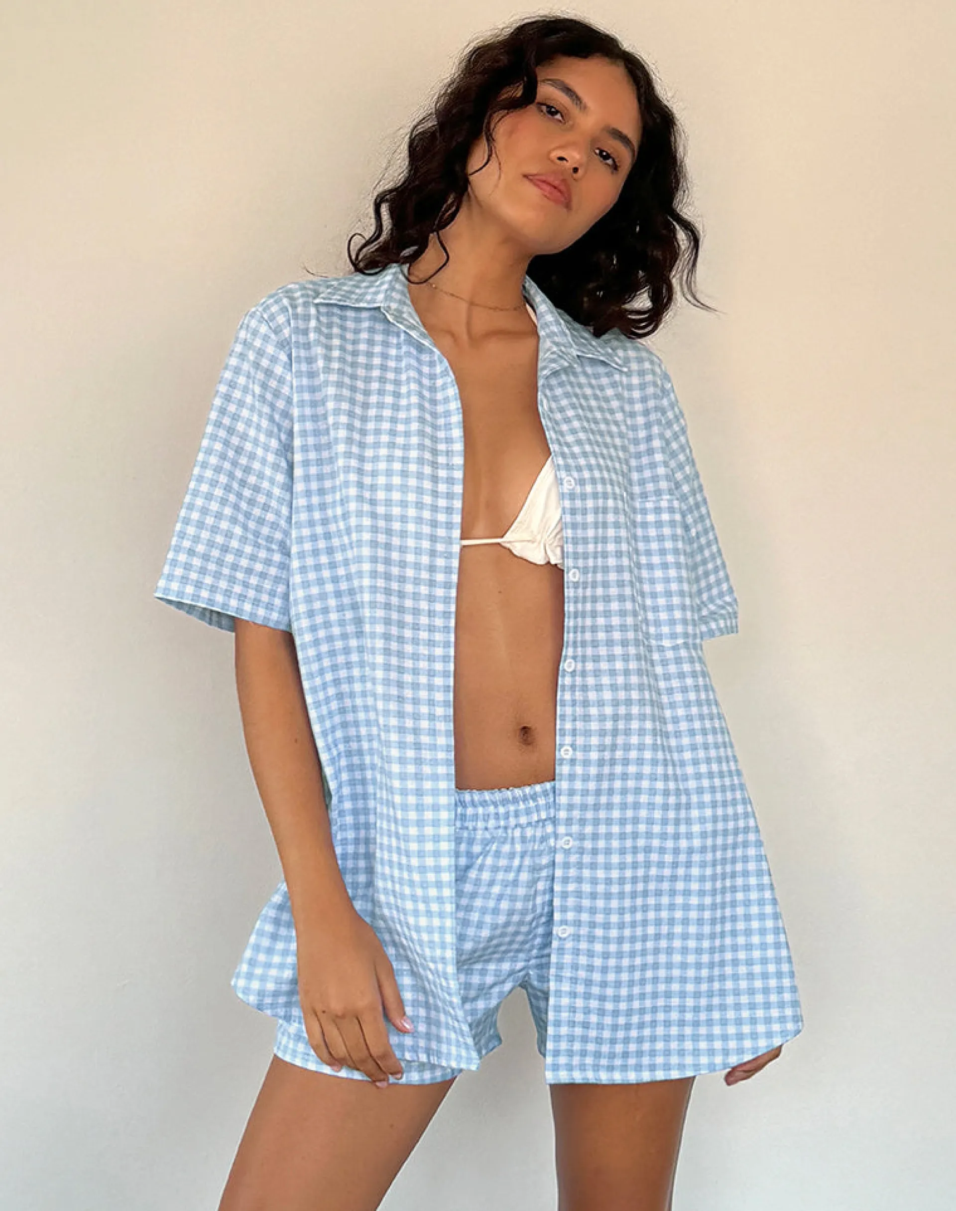 Motel Rocks Swimwear | Shirts And Blouses-Smith Oversized Shirt in Blue Gingham BlueGingham