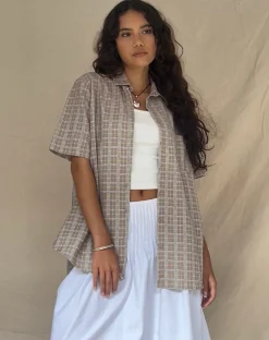 Motel Rocks Printed Tops-Smith Short Sleeve Shirt in Taupe Check taupecheck