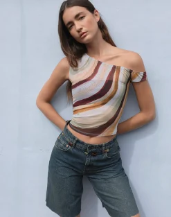 Motel Rocks Printed Tops | Strappy Tops-Sohan Asymetrical Top in Mesh Wiggle Sunset MeshWiggleSunset