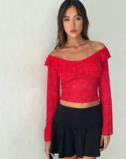 Motel Rocks Long Sleeve Tops | Lace Tops-Soka Bardot Frill Top in Red Lace