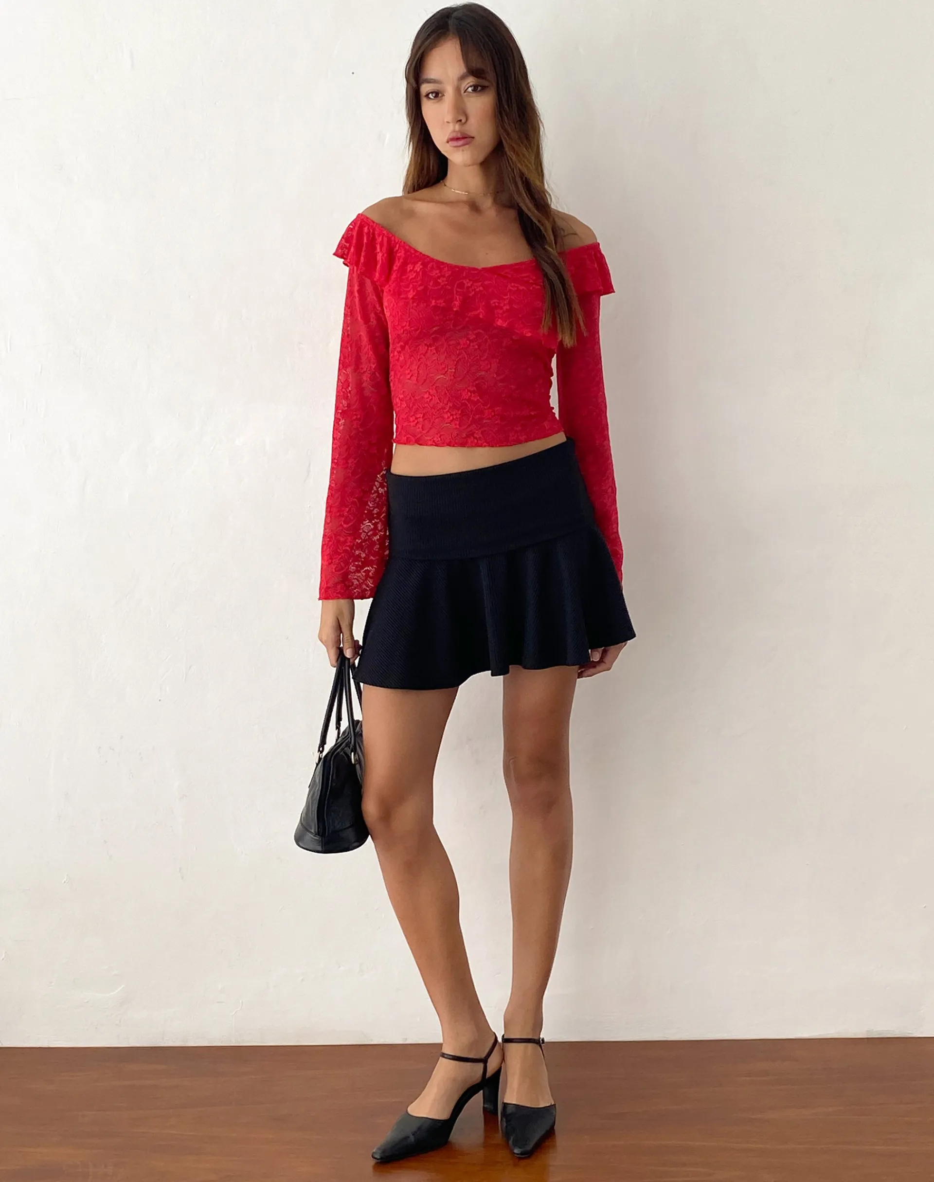 Motel Rocks Long Sleeve Tops | Lace Tops-Soka Bardot Frill Top in Red Lace