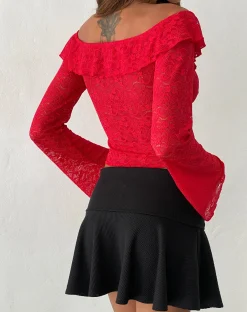 Motel Rocks Long Sleeve Tops | Lace Tops-Soka Bardot Frill Top in Red Lace