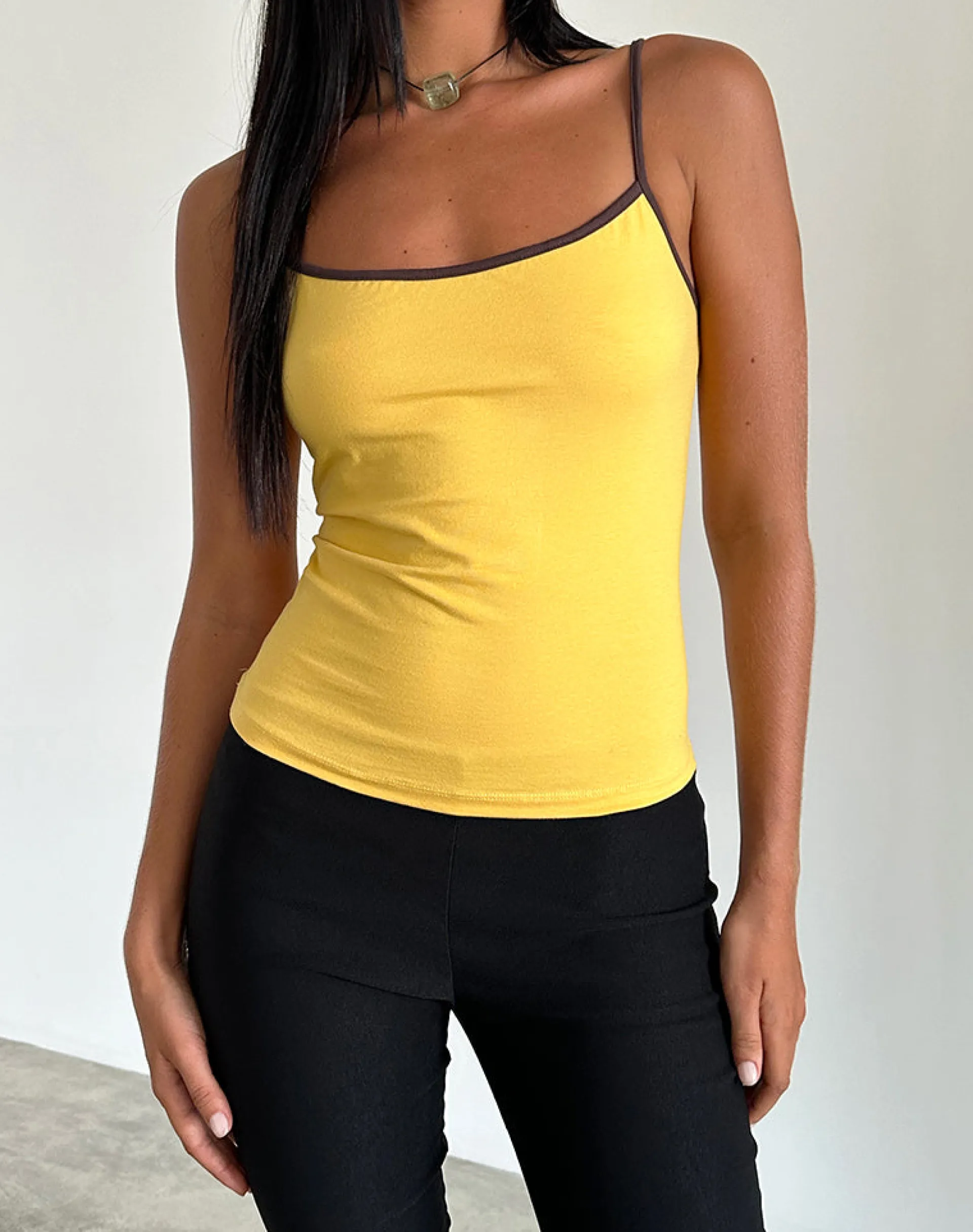 Motel Rocks Basic Tops | Strappy Tops-Solani Top in Yellow May with Deep Mahogony Binding YellowMaywithDeepMahogonyBinding