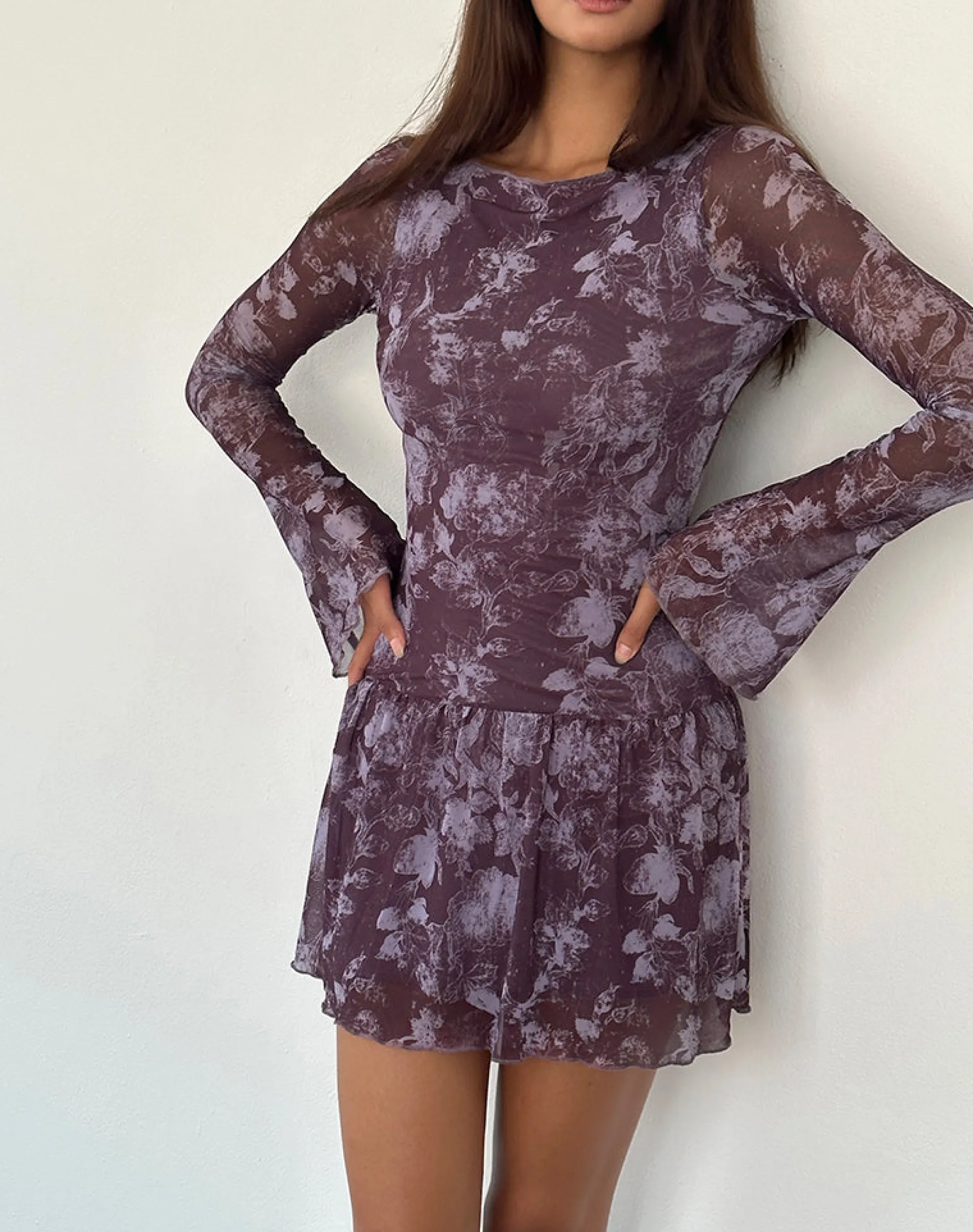 Motel Rocks Printed Dresses | Long Sleeve Dresses-Sonata Mini Dress in Botanic Sketch Purple