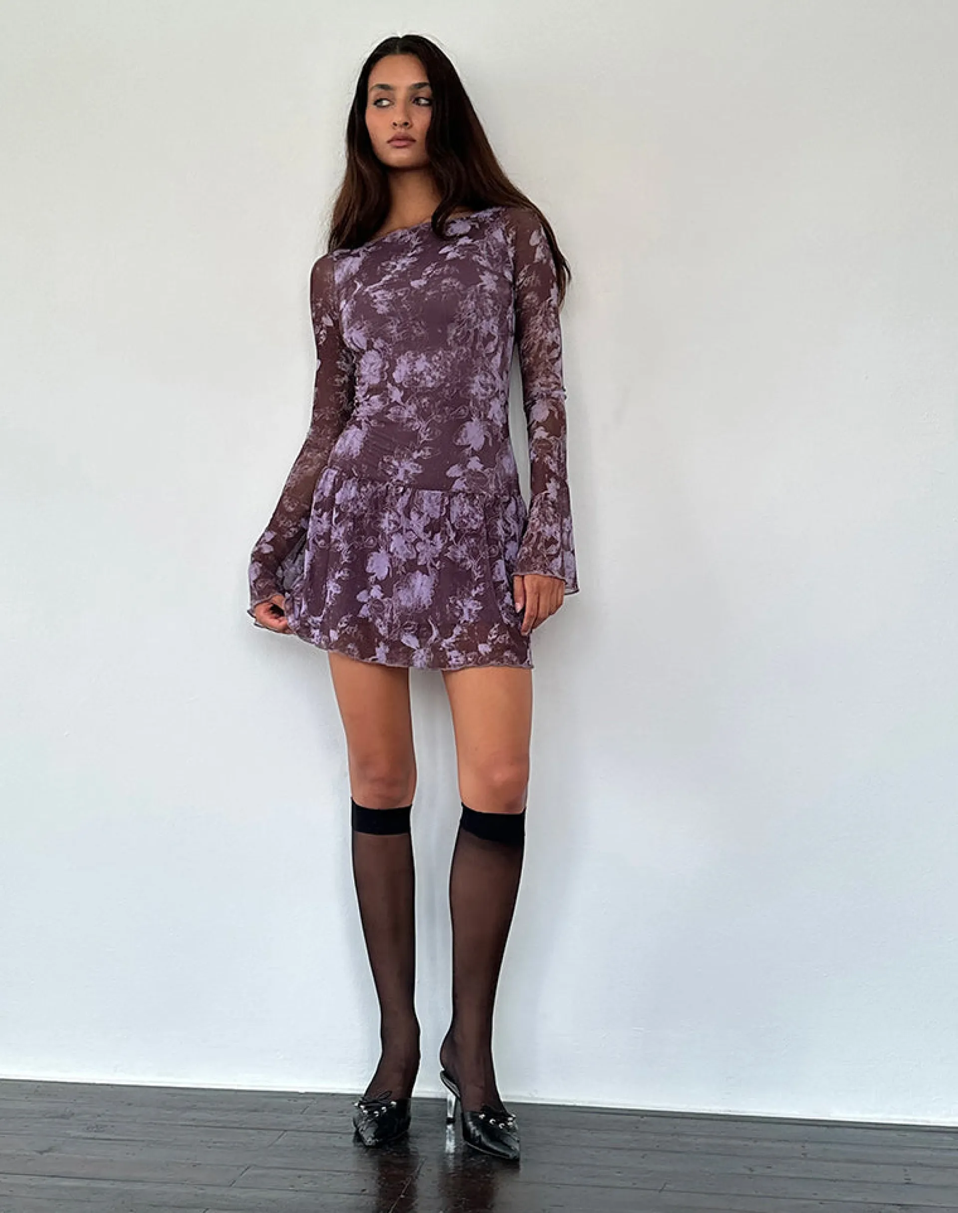 Motel Rocks Printed Dresses | Long Sleeve Dresses-Sonata Mini Dress in Botanic Sketch Purple