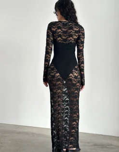 Motel Rocks Little Black Dresses | Party Dresses-Sophie Unlined Maxi Dress in Black Jasmine Lace