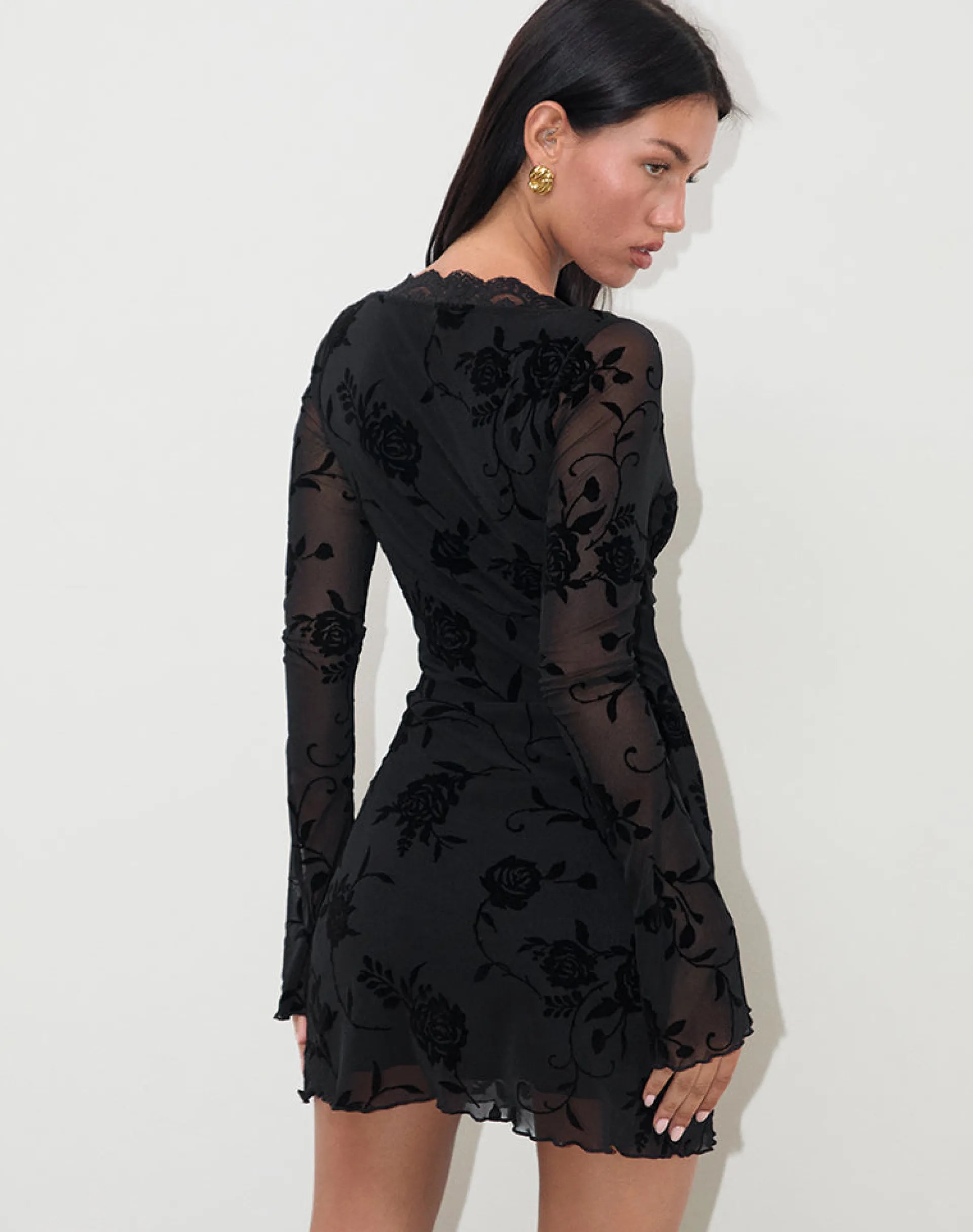 Motel Rocks Bodycon Dresses | Long Sleeve Dresses-Sriti Mini Dress in Rose Flock Black