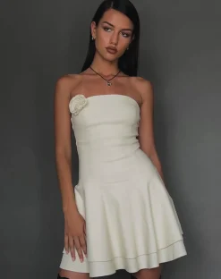Motel Rocks Mini Dresses-Striata Mini Dress in Cream with Rosette and Lace Back