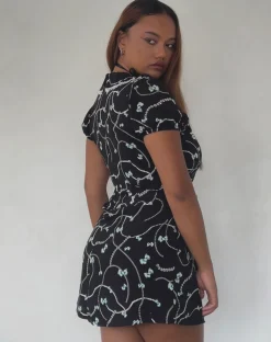 Motel Rocks Printed Dresses | Mini Dresses-Sulani Mini Dress in Black with Pearl and Bow Print