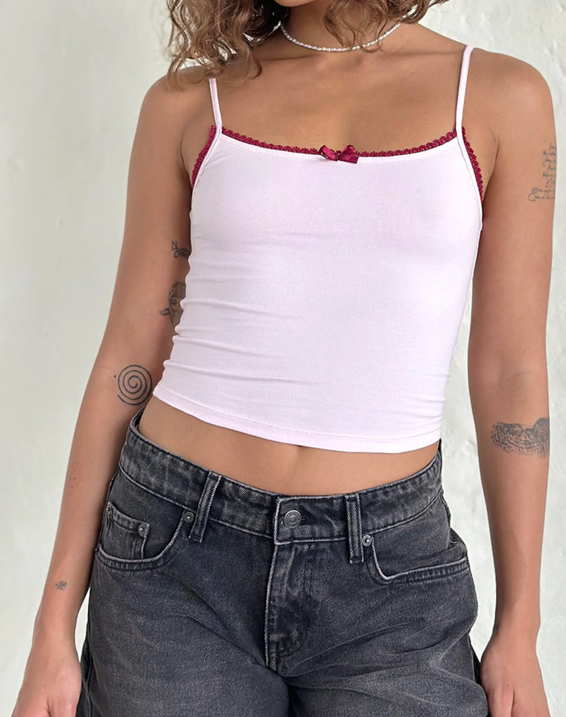 Motel Rocks Basic Tops | Vest Tops-Suna Vest Top in Light Pink with Burgundy Trim LightPinkwithBurgundyTrim