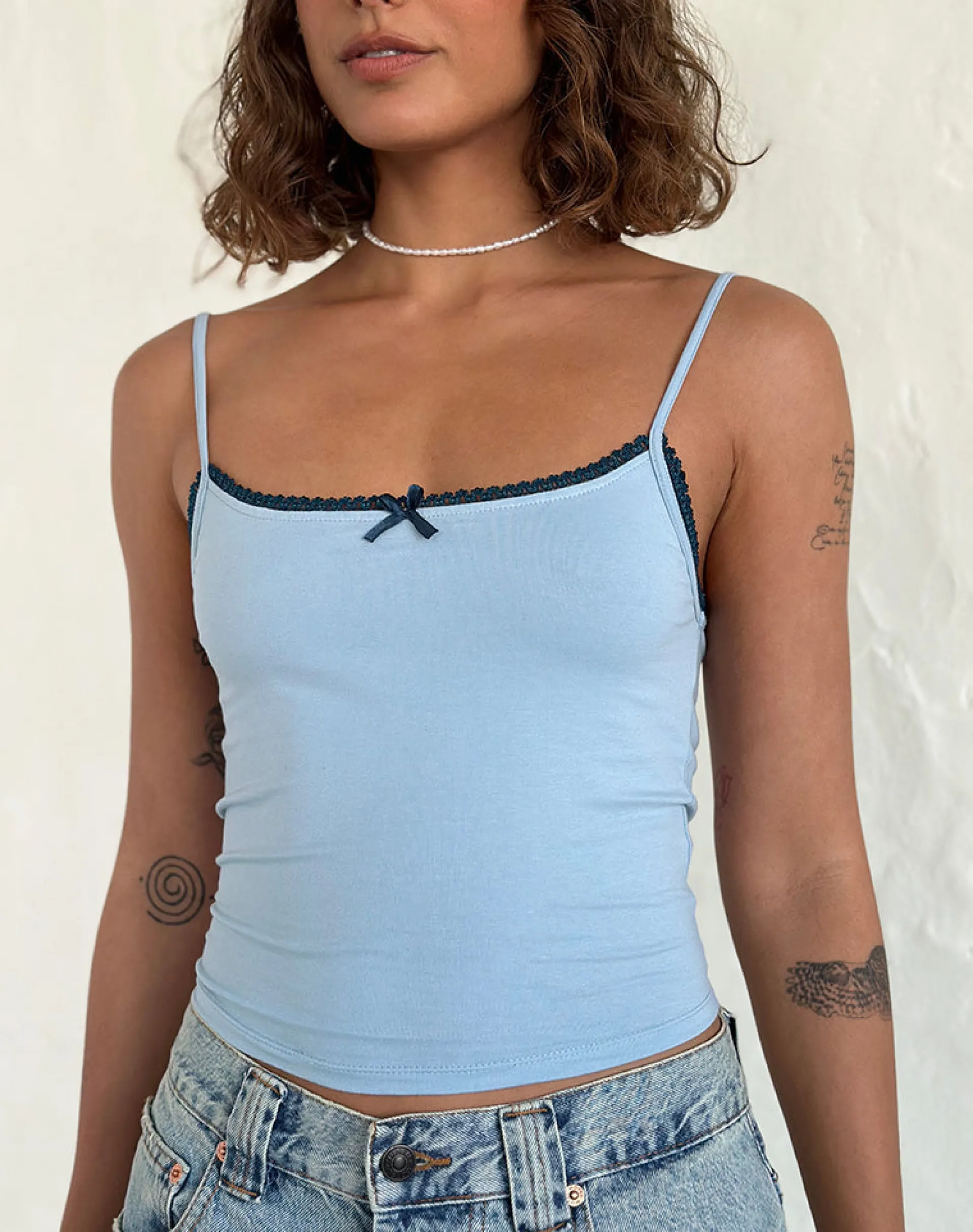 Motel Rocks Basics | Basic Tops-Suna Vest Top in Nantucket Blue with Mineral Blue Trim NantucketBluewithMineralBlueTrim