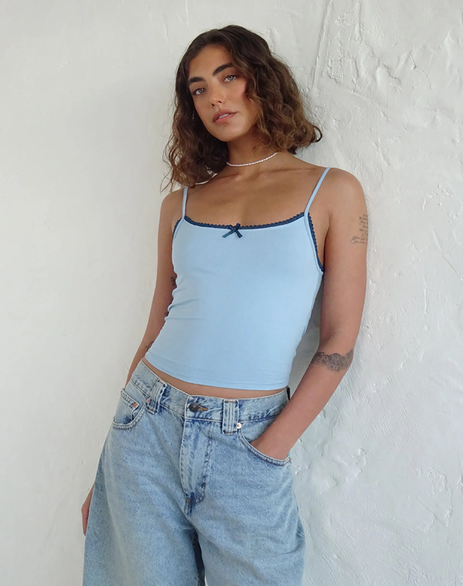 Motel Rocks Basics | Basic Tops-Suna Vest Top in Nantucket Blue with Mineral Blue Trim NantucketBluewithMineralBlueTrim