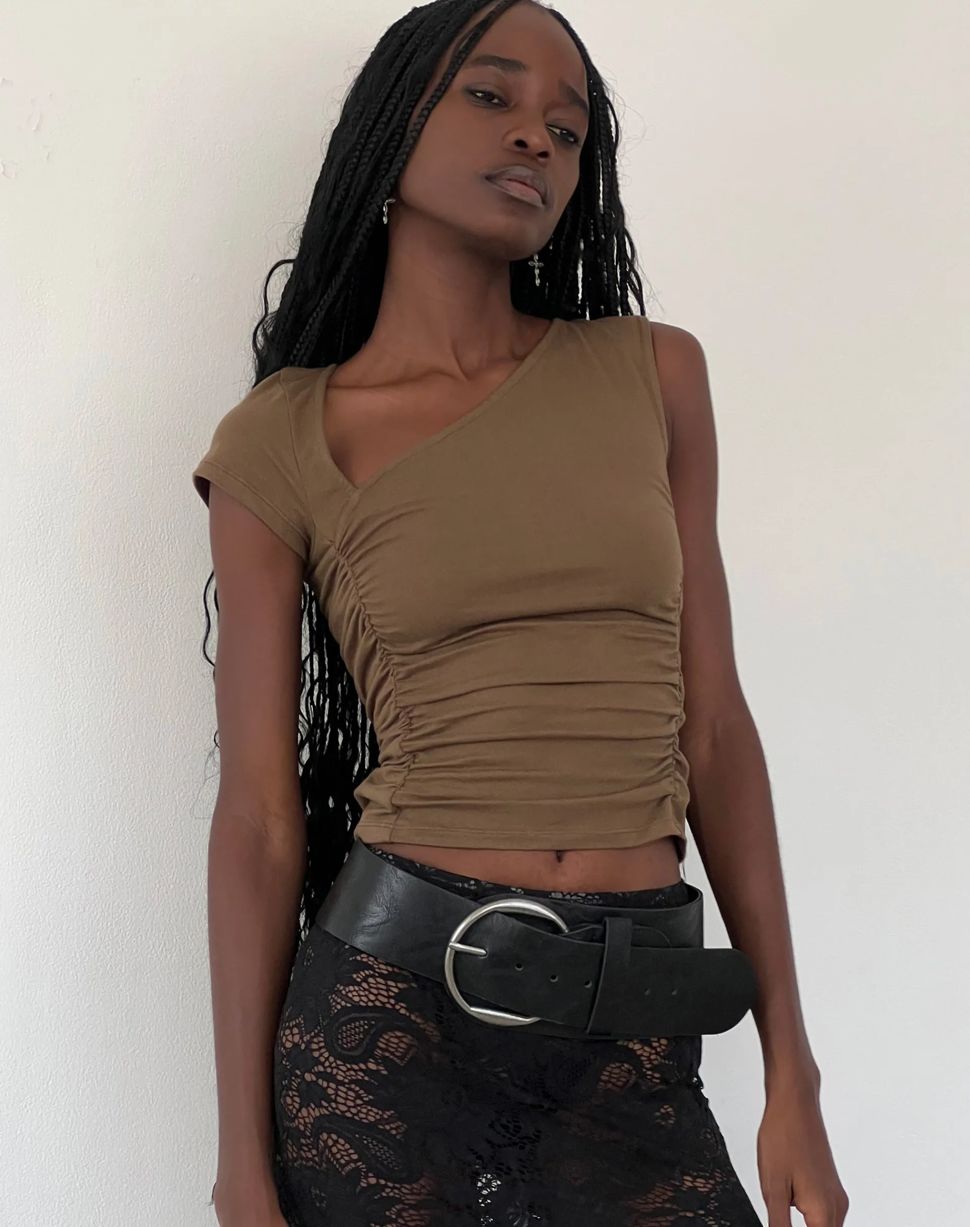 Motel Rocks Basics | Basic Tops-Sunhee Slash Neck Asymmetrical Top in mocca